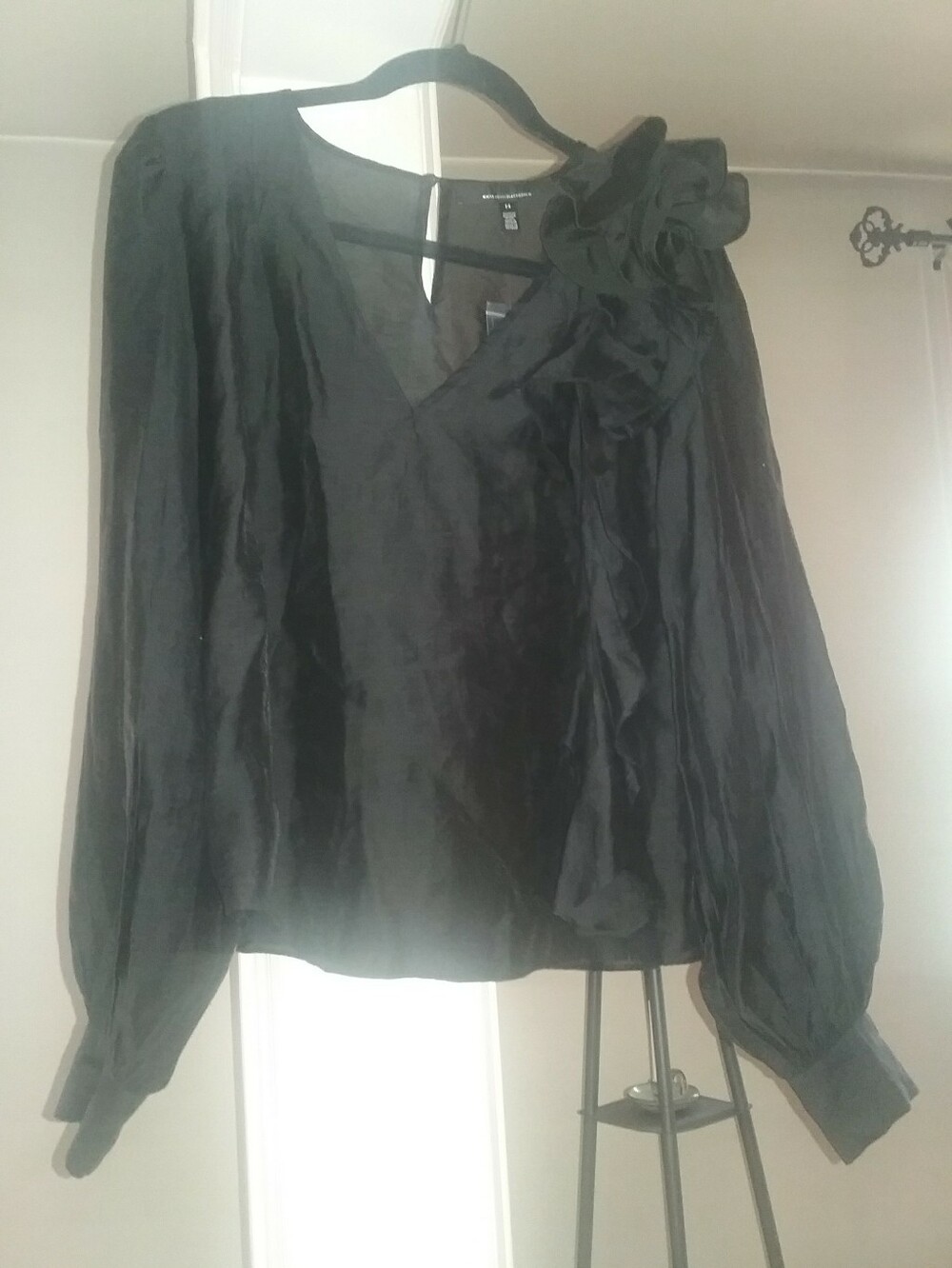 White Horse Black Market Black Blouse with Rose Type Ruffle - 14